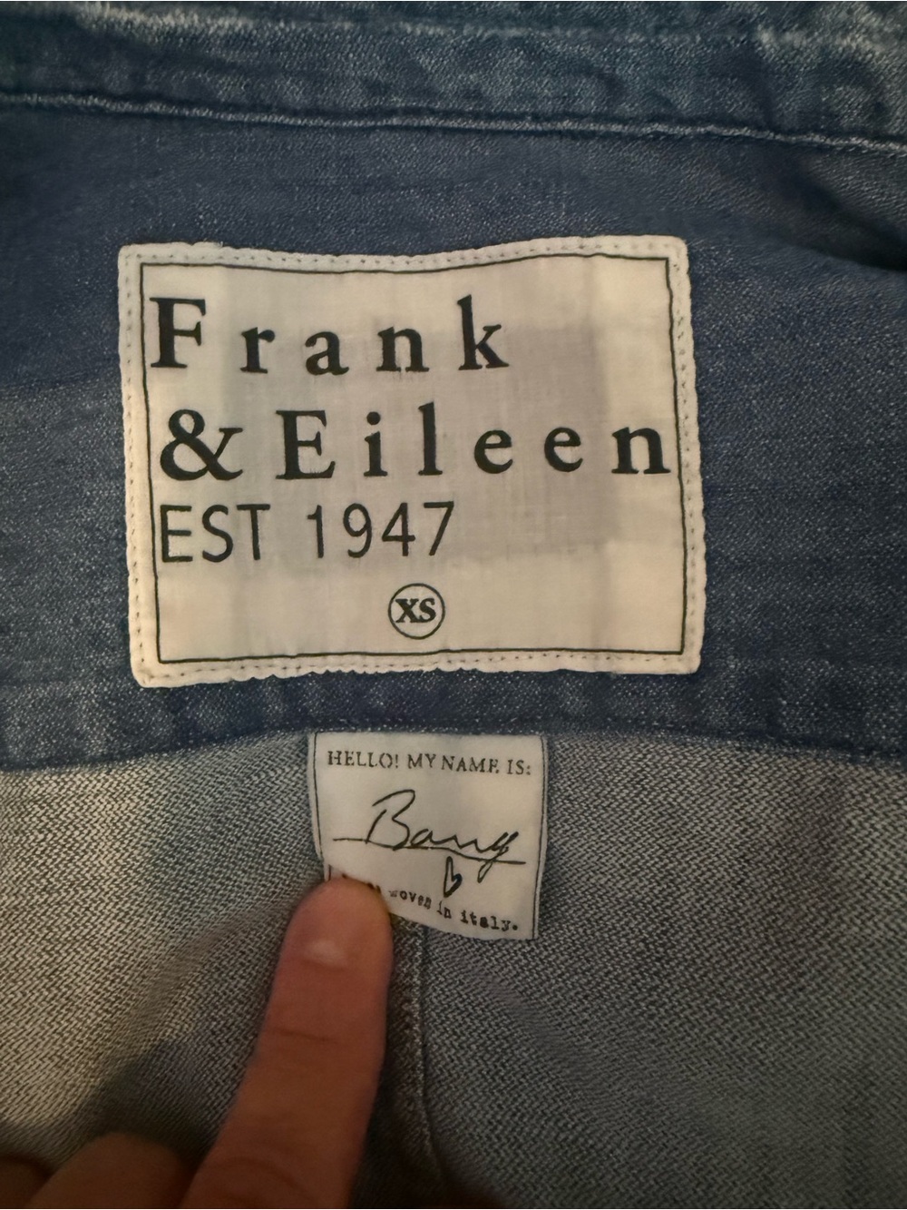 Frank & Eileen Barry Famous Denim Button Down Shirt XS Blue Distressed Raw Hem